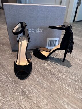 Botkier Black Suede Open-Toe Tassel Ankle-Strap Heels